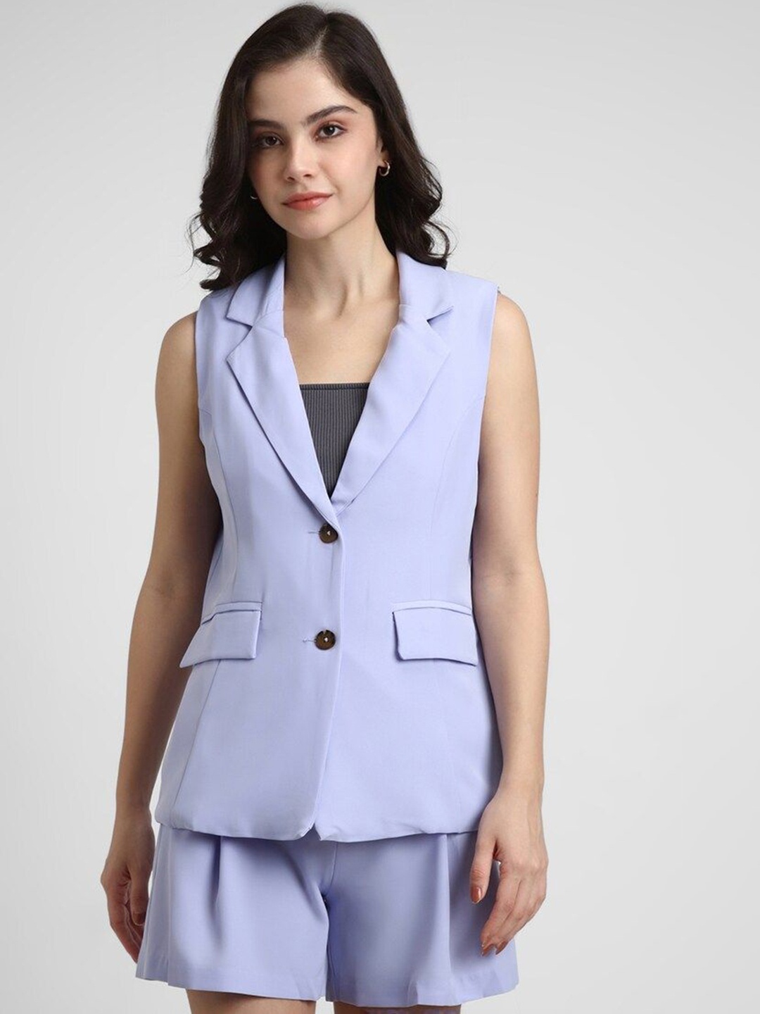 

FOREVER 21 Women Solid Washed Sleeveless Lapel Collar Crop Tailored Jacket, Purple