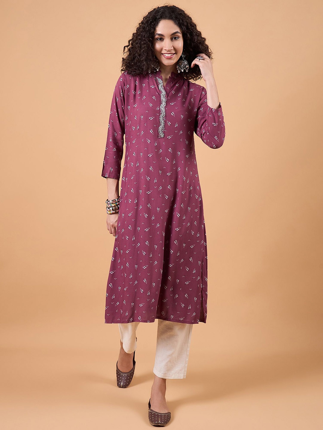 

swatika Floral Printed Mandarin Collar Sequined A-Line Kurta, Brown