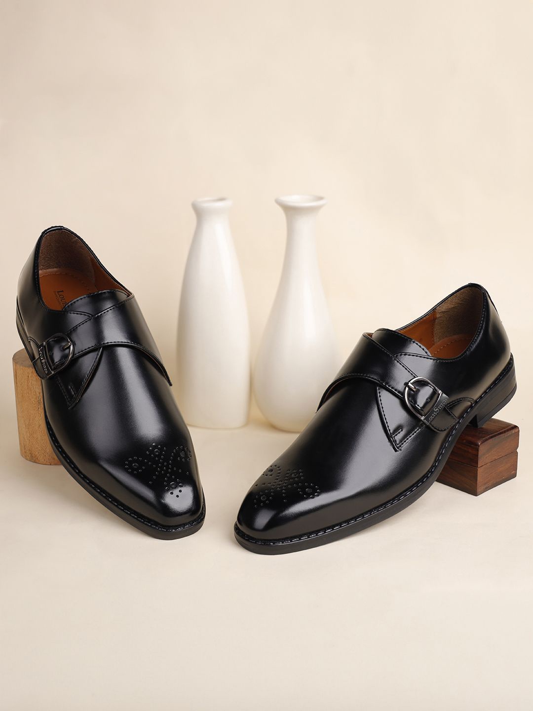 

LOUIS STITCHMen Jet Black Formal Slip-On Monk Shoes