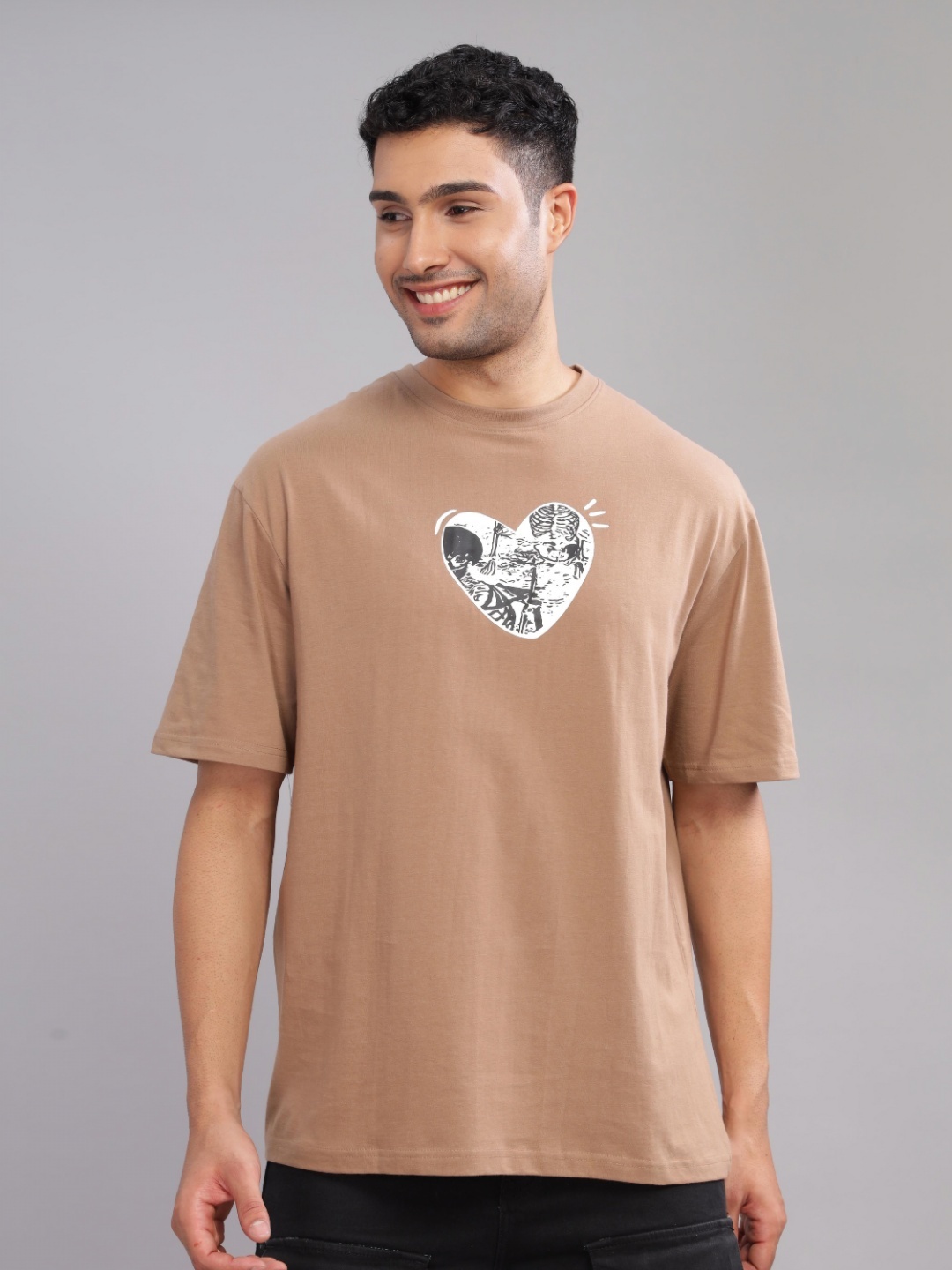 TOMHIDDLE Men Typography Printed Round Neck Oversized T-shirt, Beige