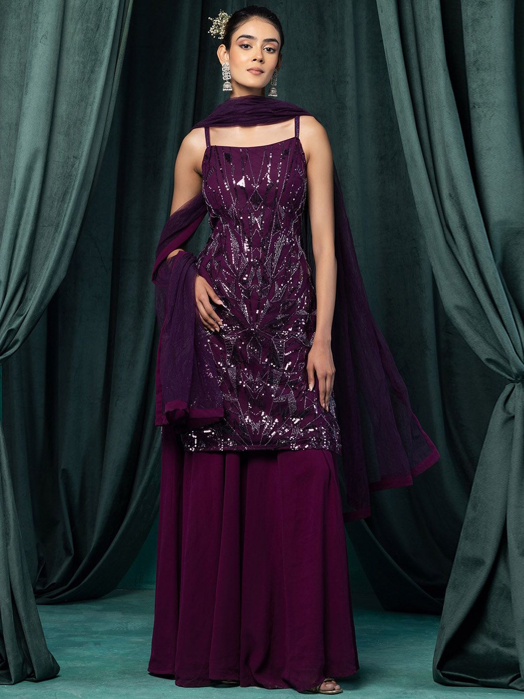 

Indya Luxe Ethnic Motifs Embroidered Sequinned Straight Kurta With Sharara & Dupatta, Purple