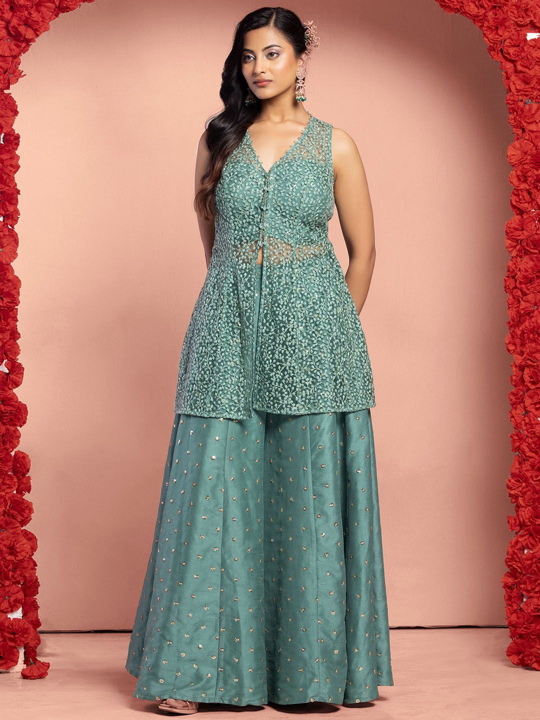 

Indya Luxe Embroidered Front Slit Kurta With Sharara Co-Ord Set, Green