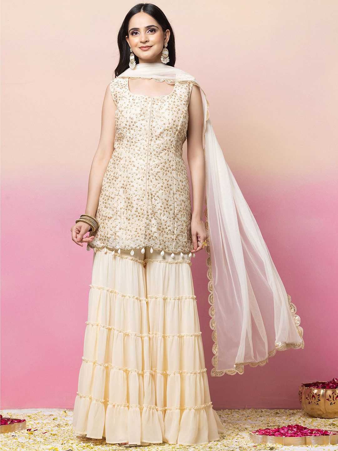 

Indya Luxe Floral Embroidered Thread Work Straight Kurti With Sharara & Dupatta, Beige