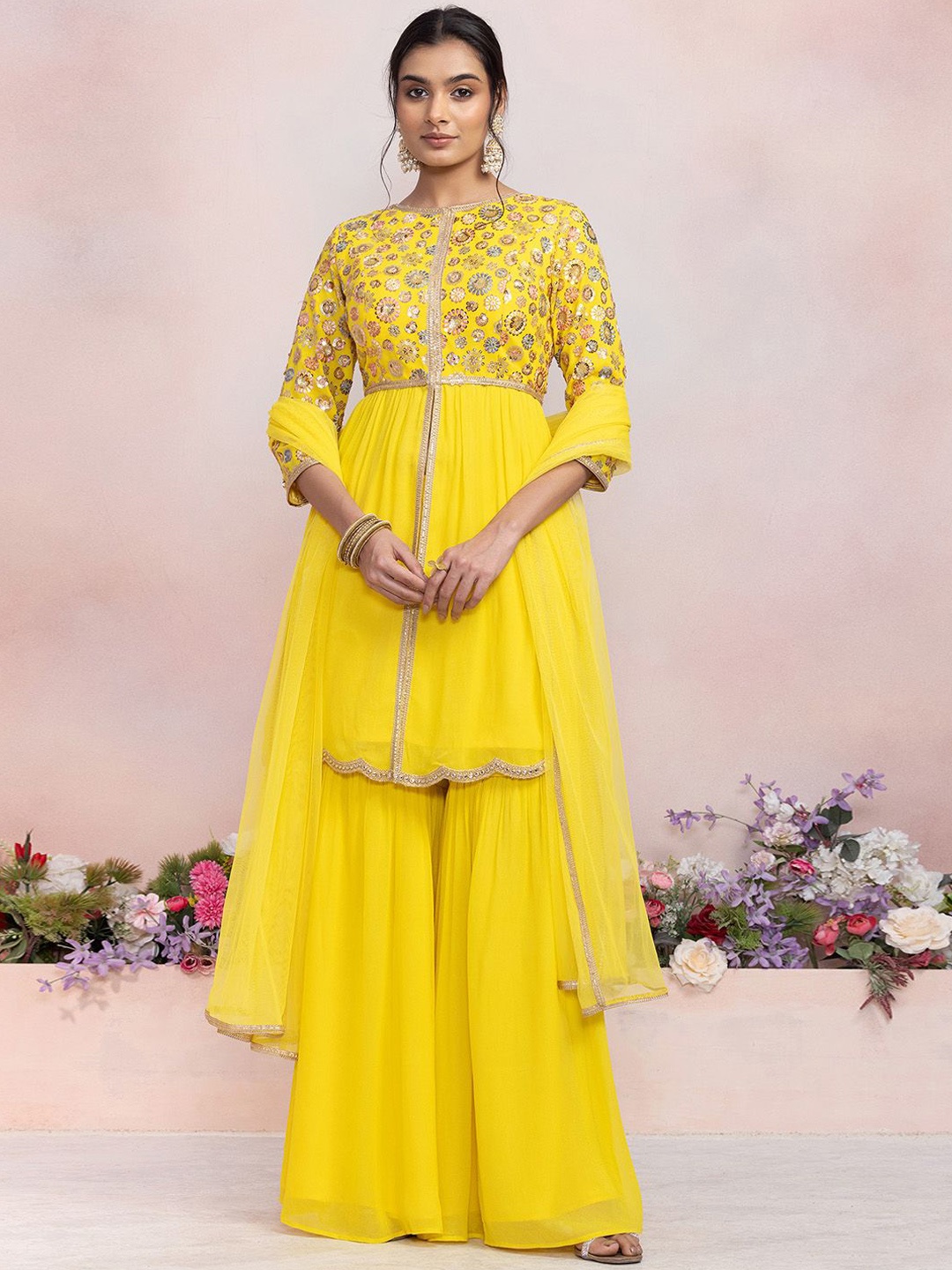 

Indya Luxe Floral Embroidered Sequinned Straight Kurti with Sharara & With Dupatta, Yellow