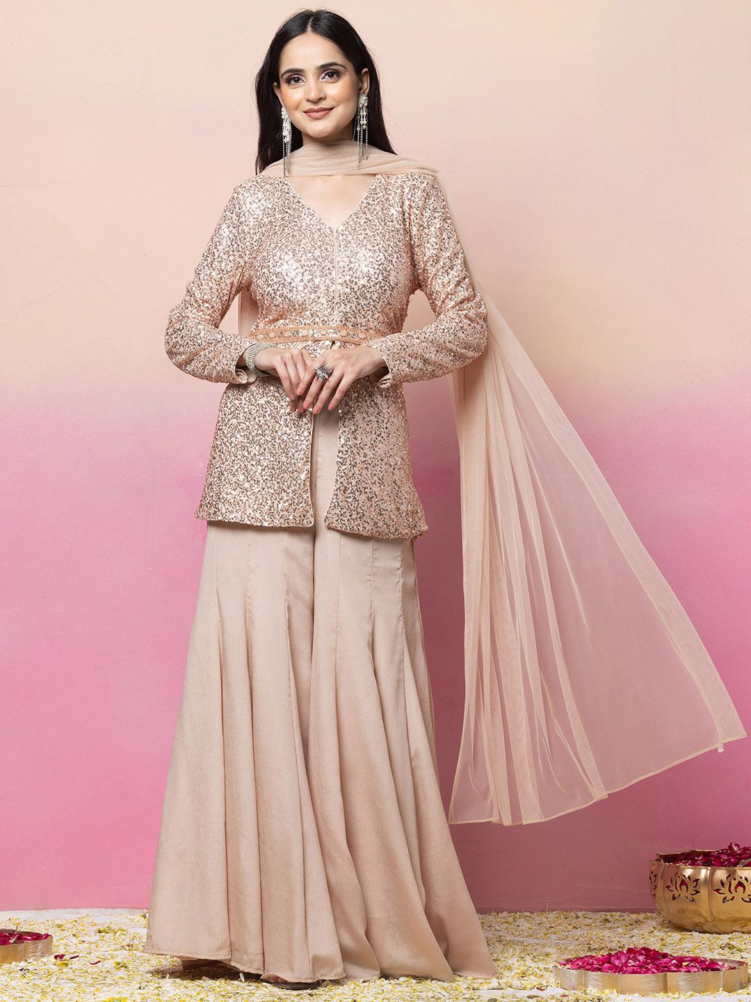 

Indya Luxe Embroidered Sequinned V-Neck Tunic And Sharara With Dupatta, Pink