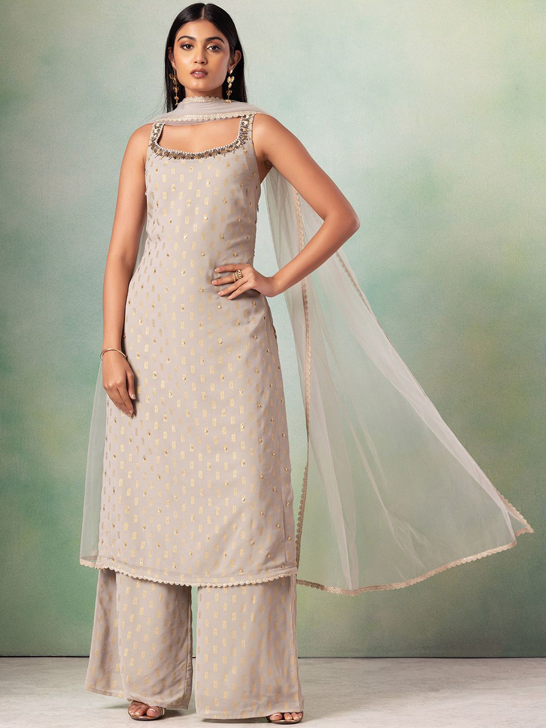 

Indya Luxe Floral Embroidered Shoulder Straps Straight Kurta with Trousers & With Dupatta, Grey