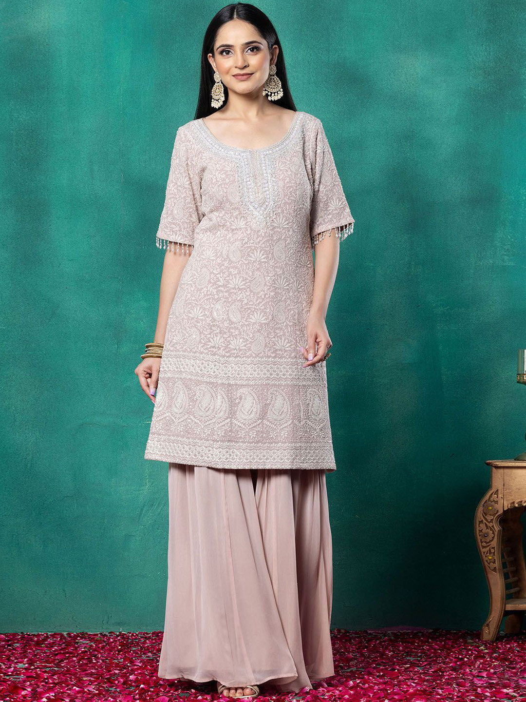 

Indya Luxe Floral Embroidered Thread Work Straight Kurta With Sharara & Dupatta, Pink