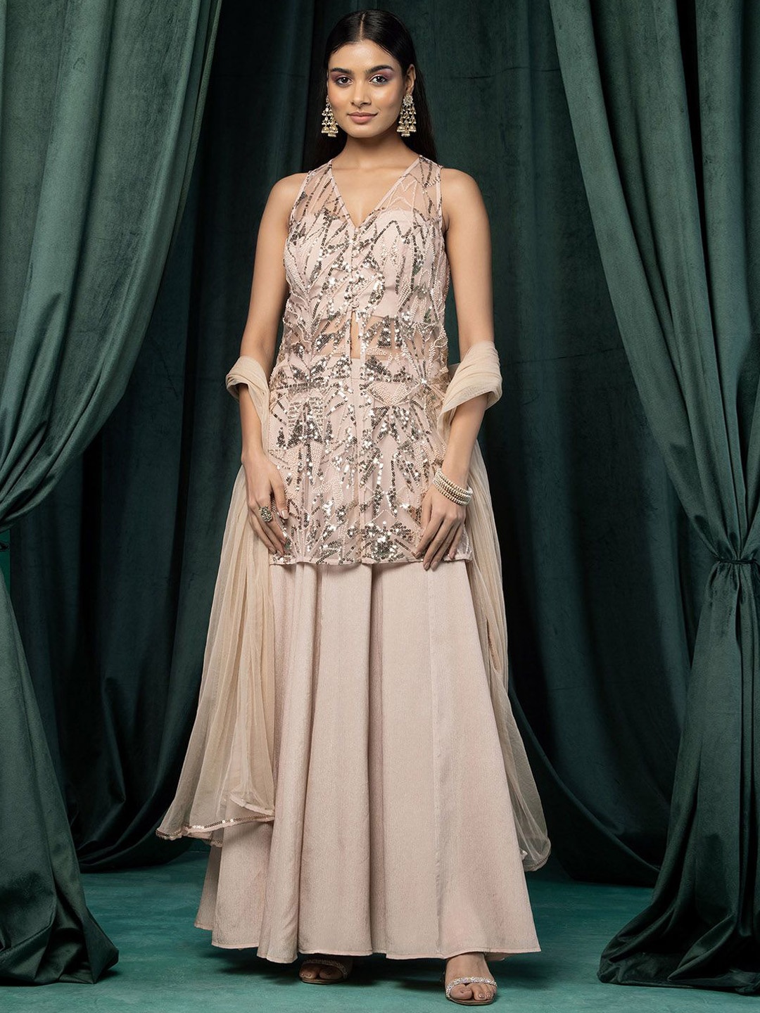 

Indya Luxe Abstract Embroidered Sequinned V-Neck Tunic With Sharara And Dupatta, Beige