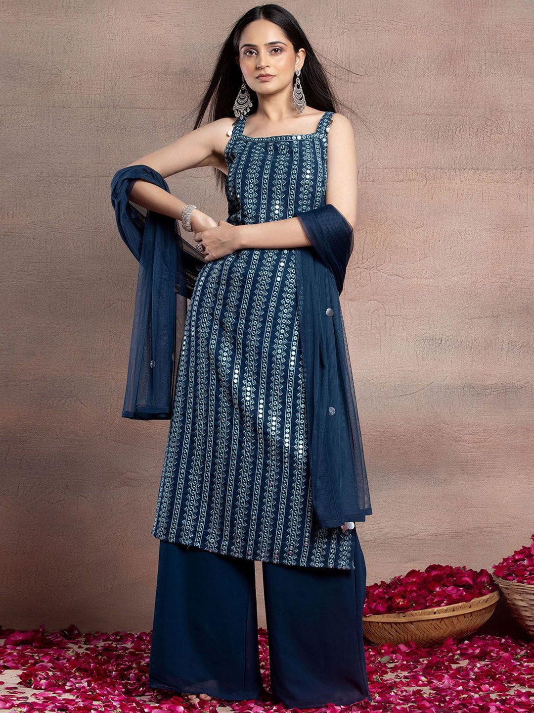 

Indya Luxe Floral Embroidered Mirror Work Straight Kurti With Palazzos & Dupatta, Blue