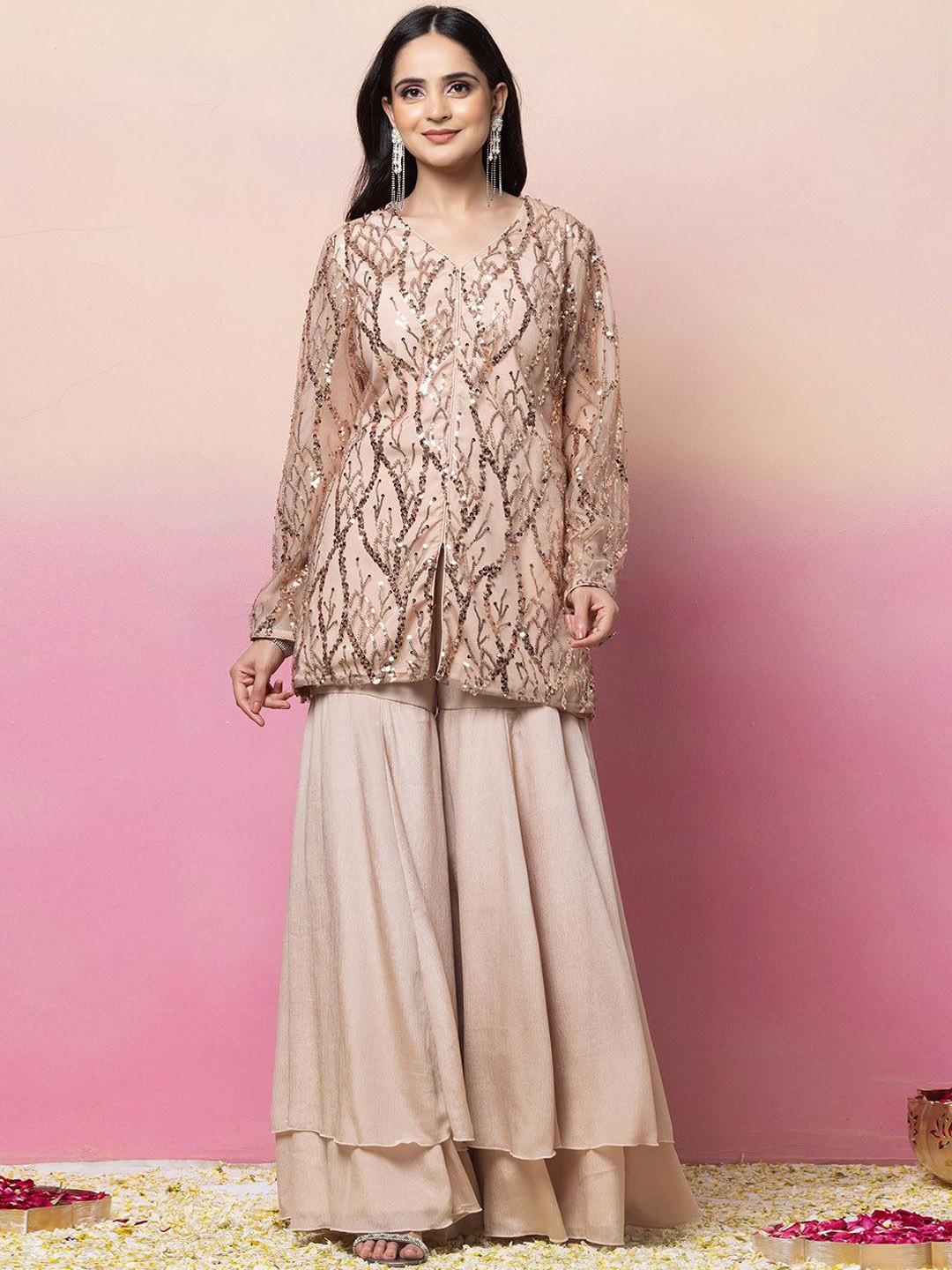 

Indya Luxe Embroidered Sequinned V-Neck Tunic With Sharara And Dupatta, Beige