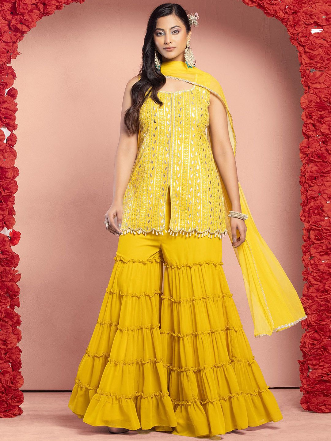 

Indya Luxe Paisley Embroidered Sleeveless Tunic With Sharara And Dupatta, Yellow