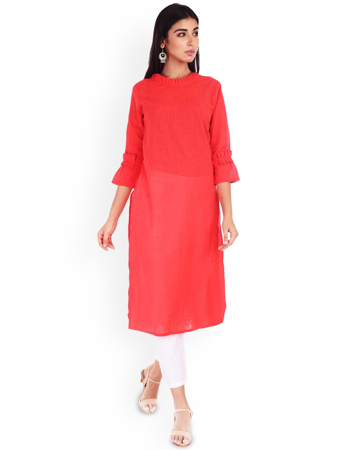 

Fabriko Round Neck Regular Pure Cotton Straight Kurta With Trousers, Red