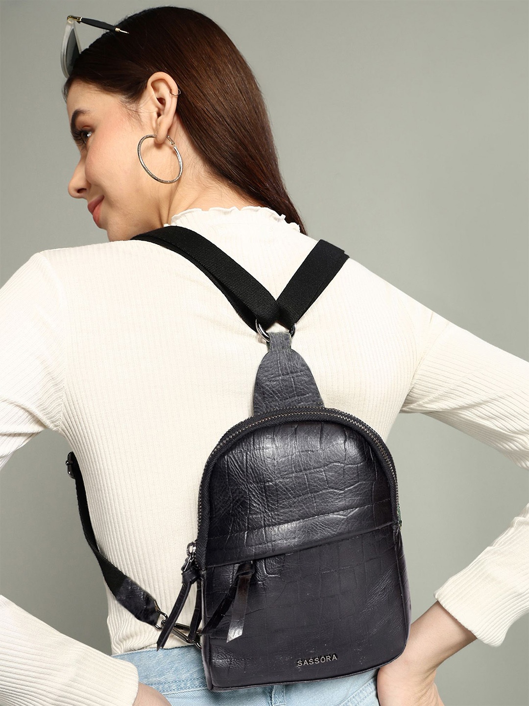 

Sassora Women Graphic Embellished Backpack with Compression Straps, Black