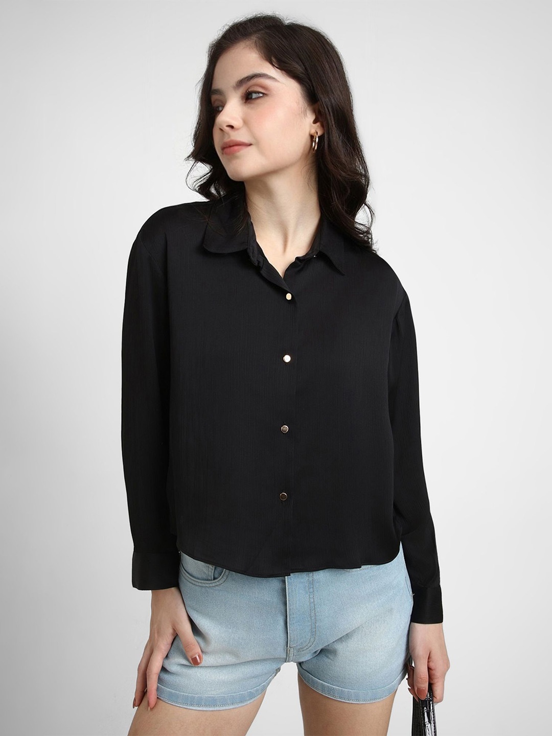 

FOREVER 21 Women Opaque Solid Long Sleeves Casual Shirt, Black