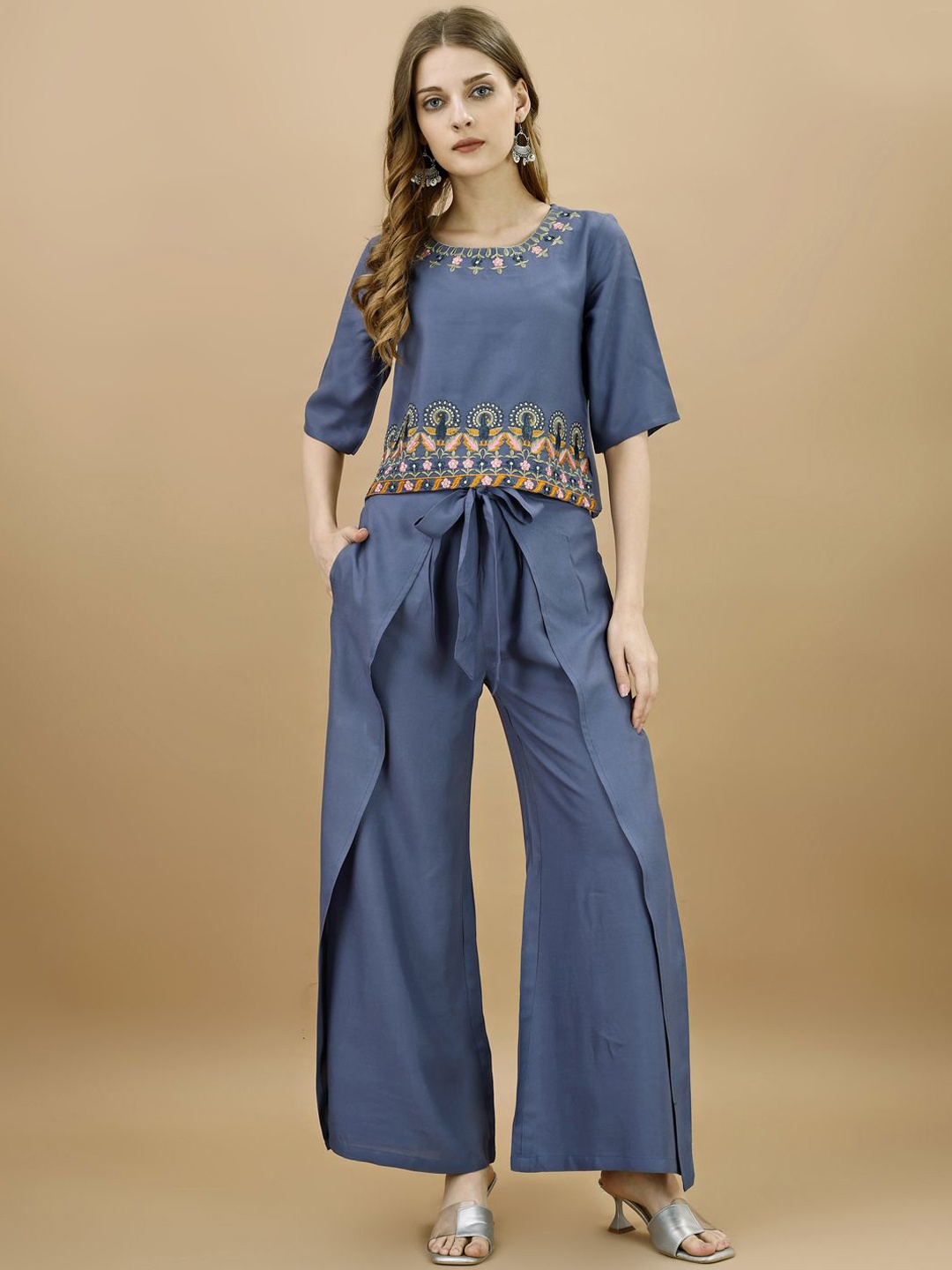 

Tikhi Imli Embroidered Crop Top With Draped Palazzos Co-Ords, Blue