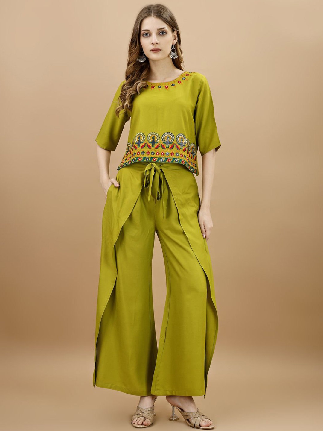 

Tikhi Imli Embroidered Top With Drapped Palazzo, Green