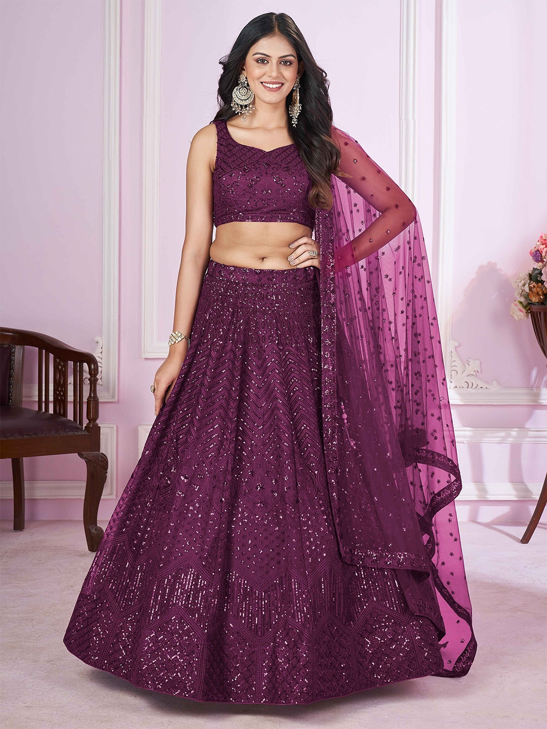 

FABPIXEL Embroidered Sequinned Semi-Stitched Lehenga & Unstitched Blouse With Dupatta, Purple