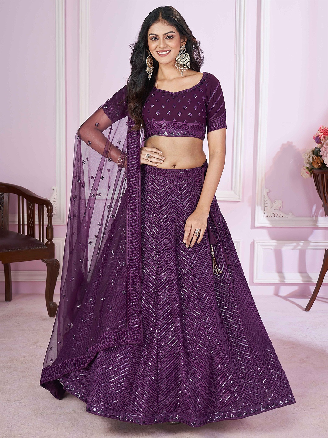 

FABPIXEL Embroidered Sequinned Semi-Stitched Lehenga & Unstitched Blouse With Dupatta, Purple