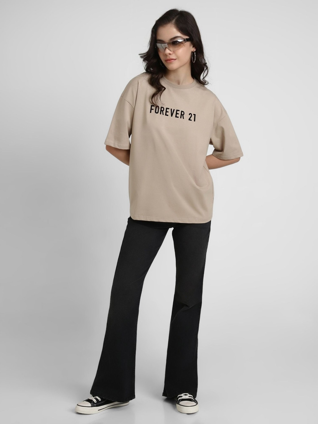 

FOREVER 21 Women Graphic Printed Round Neck Cotton T-shirt, Beige