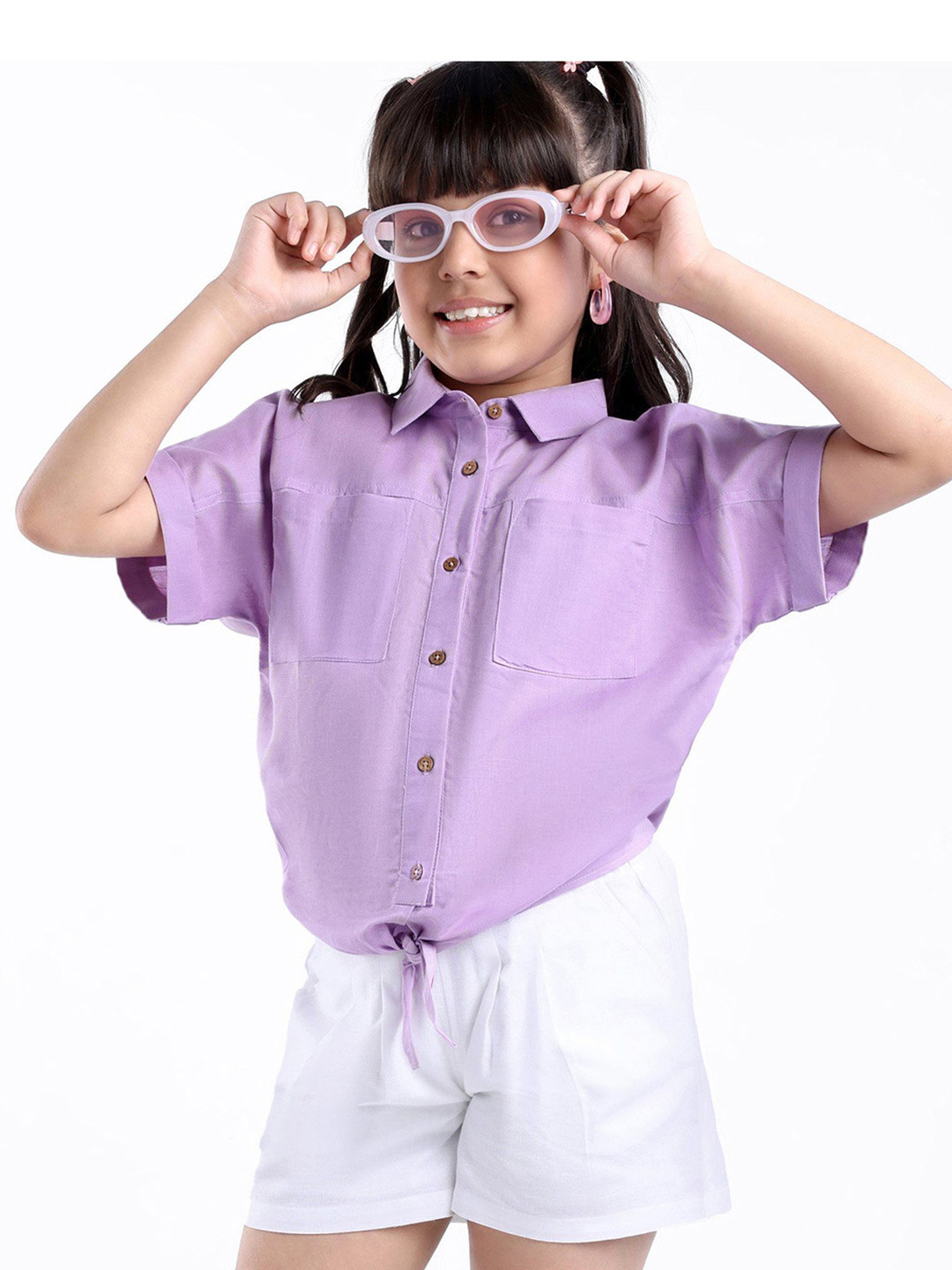 

ARIAS By LARA DUTTA Girls Linen Shirt with Shorts, Purple