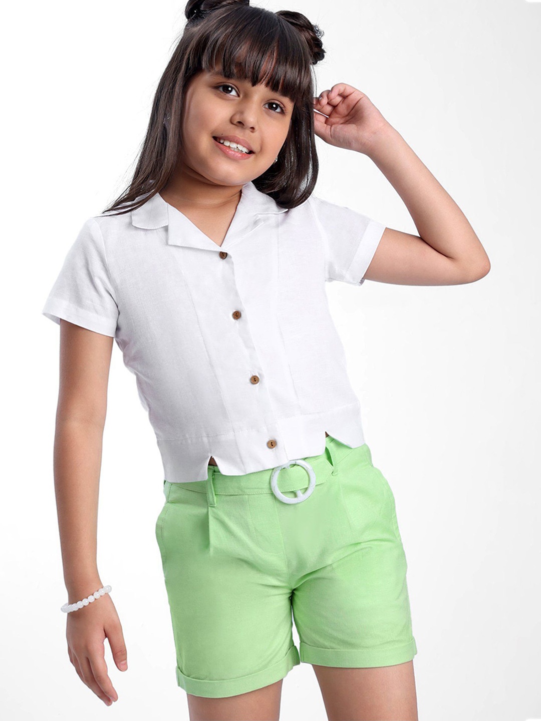 

ARIAS By LARA DUTTA Girls Lapel Collar Cotton Linen Shirt With Shorts, White