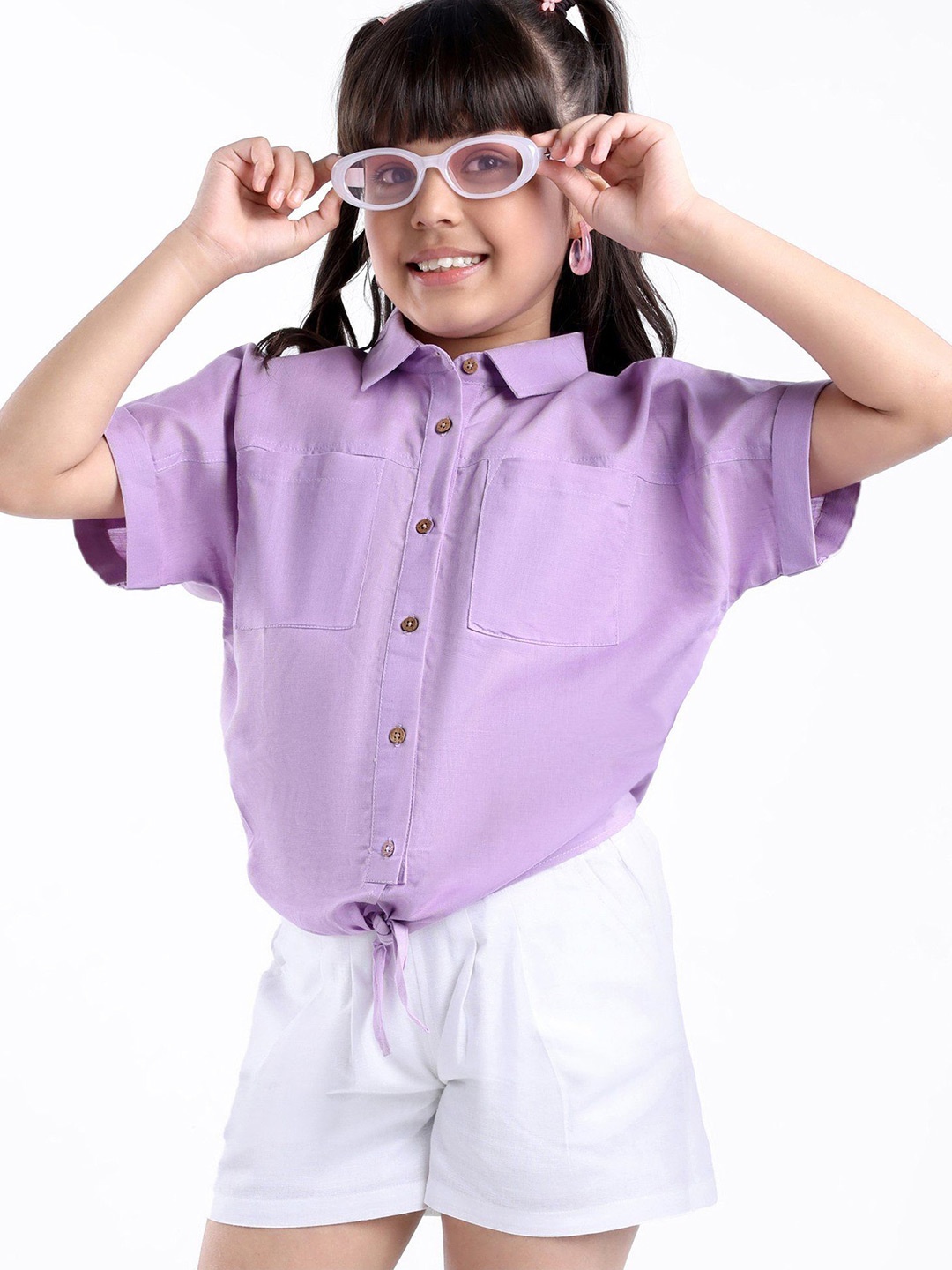 ARIAS By LARA DUTTA Girls Linen Shirt With Shorts, Purple