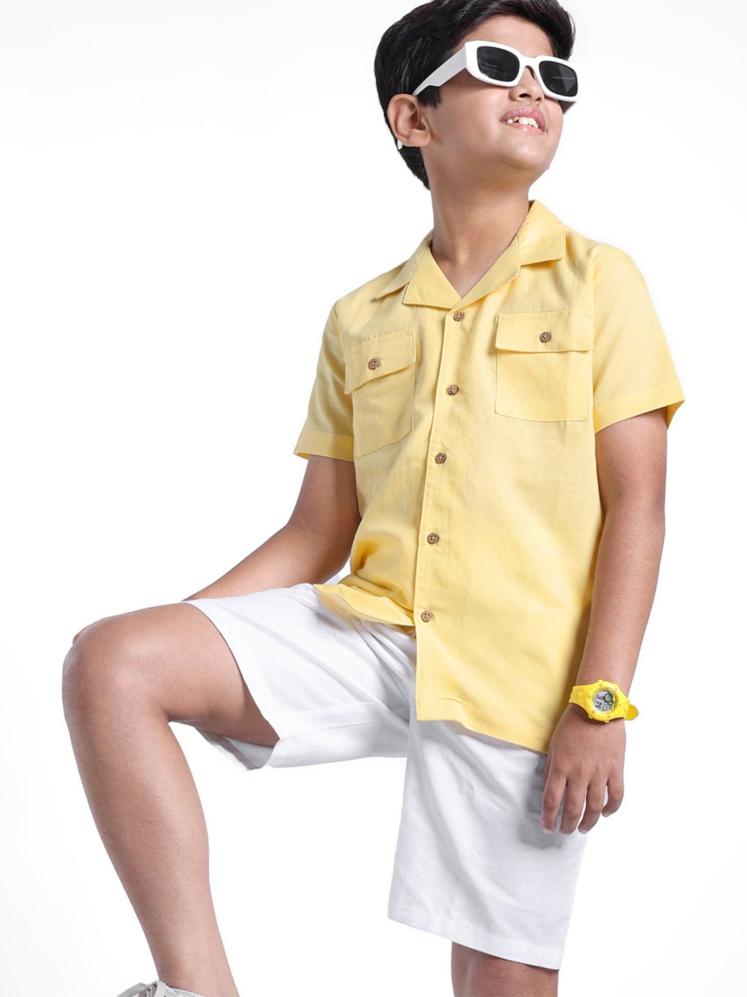 

ARIAS By LARA DUTTA Boys Cuban Collar Linen Shirt With Shorts, Yellow