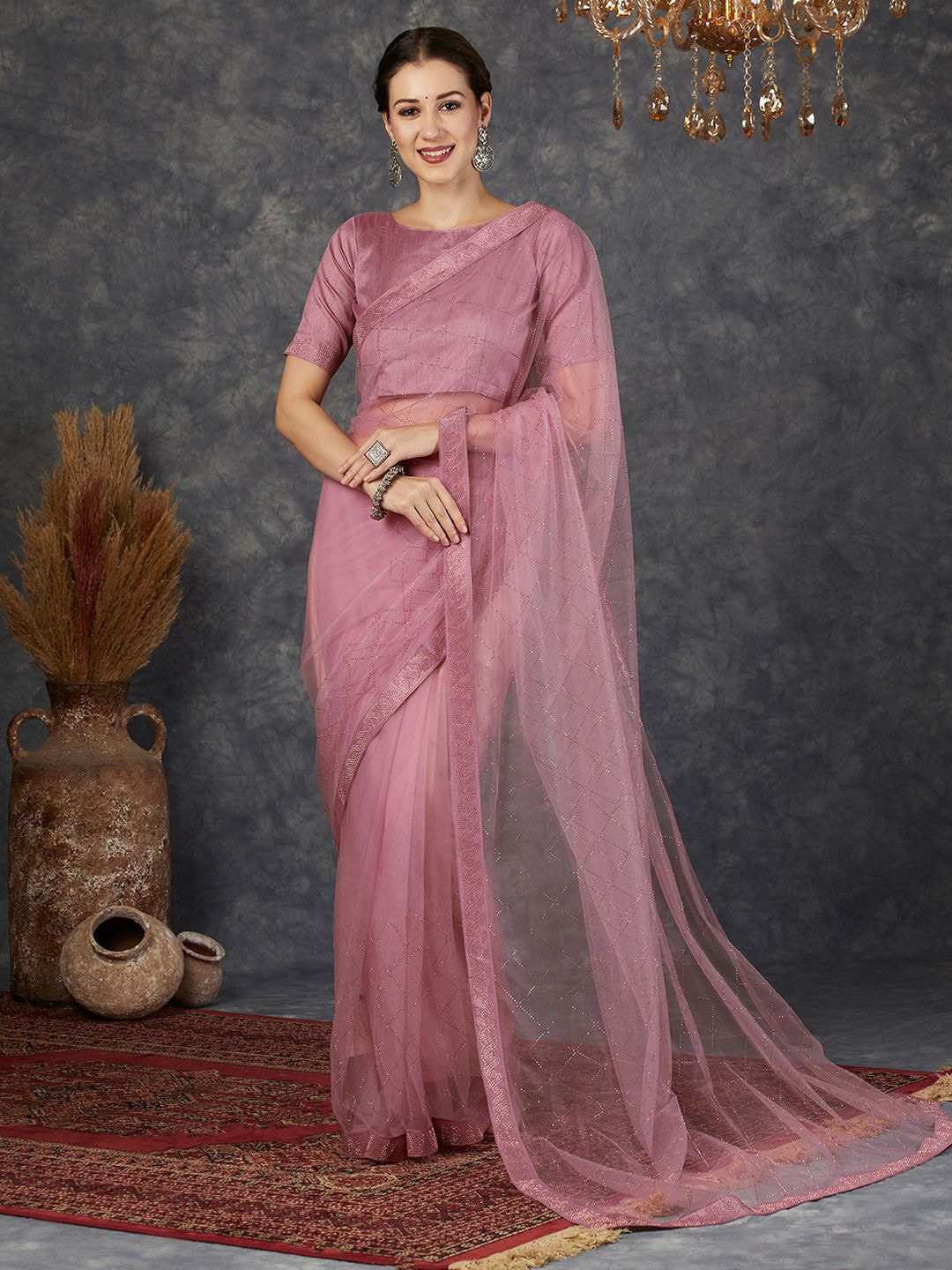 

Mitera Embellished Beads and Stones Net Saree, Pink