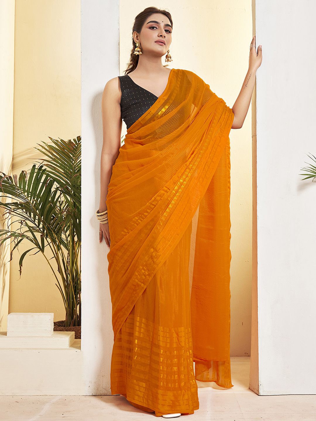 

Mitera Striped Zari woven Pure Georgette Ready to Wear Maheshwari Saree, Orange