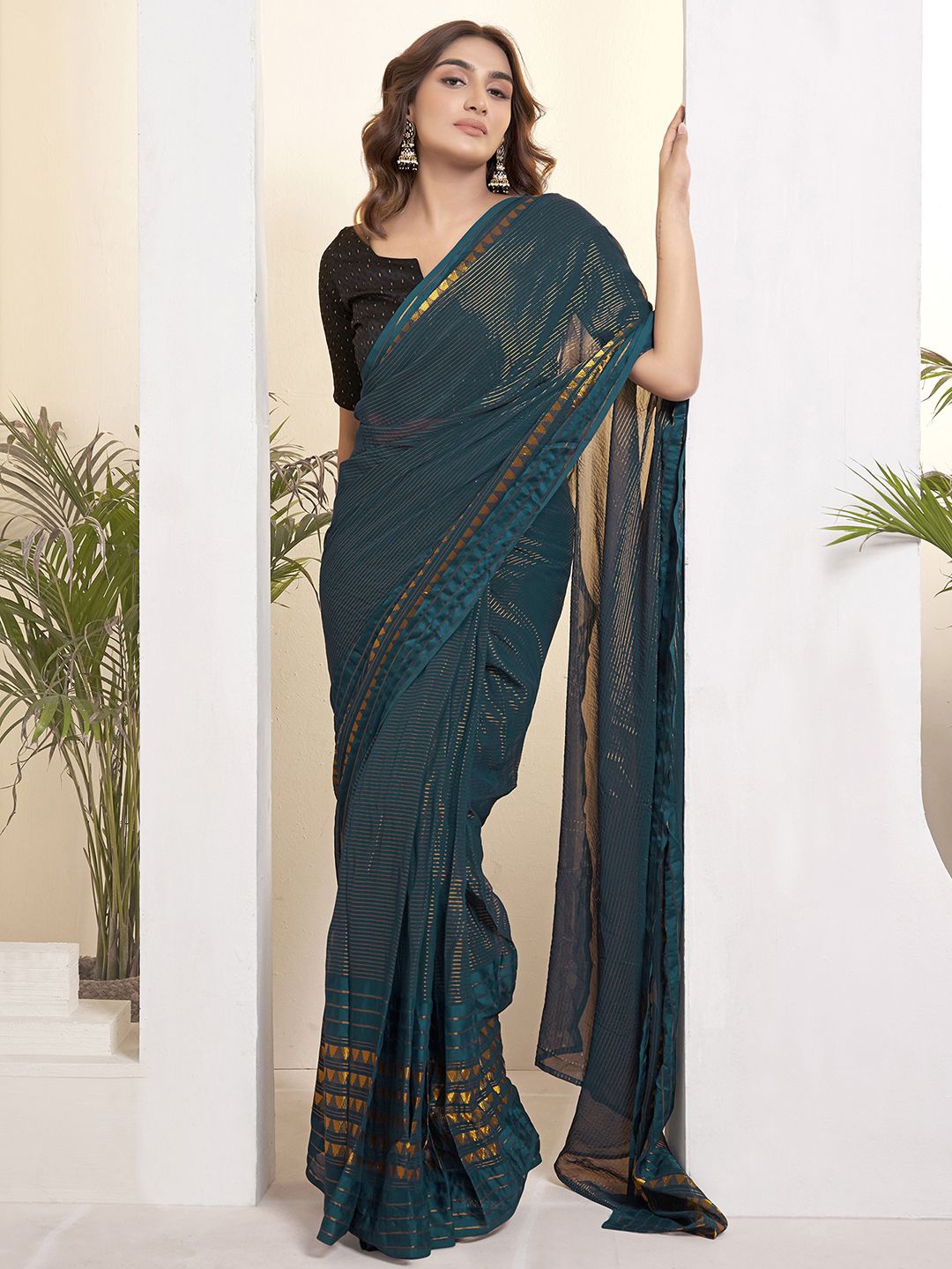 

Mitera Striped Zari Woven Pure Georgette Ready to Wear Maheshwari Saree, Blue