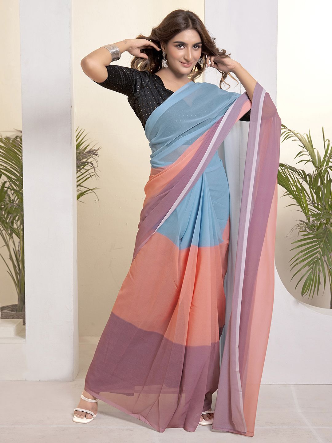 

Mitera Ombre Pure Georgette Maheshwari Ready to Wear Saree, Blue