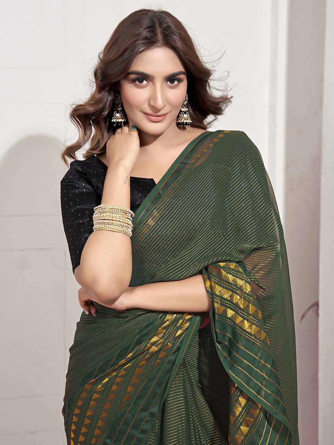 

Mitera Striped Zari Pure Georgette Ready to Wear Maheshwari Saree, Green