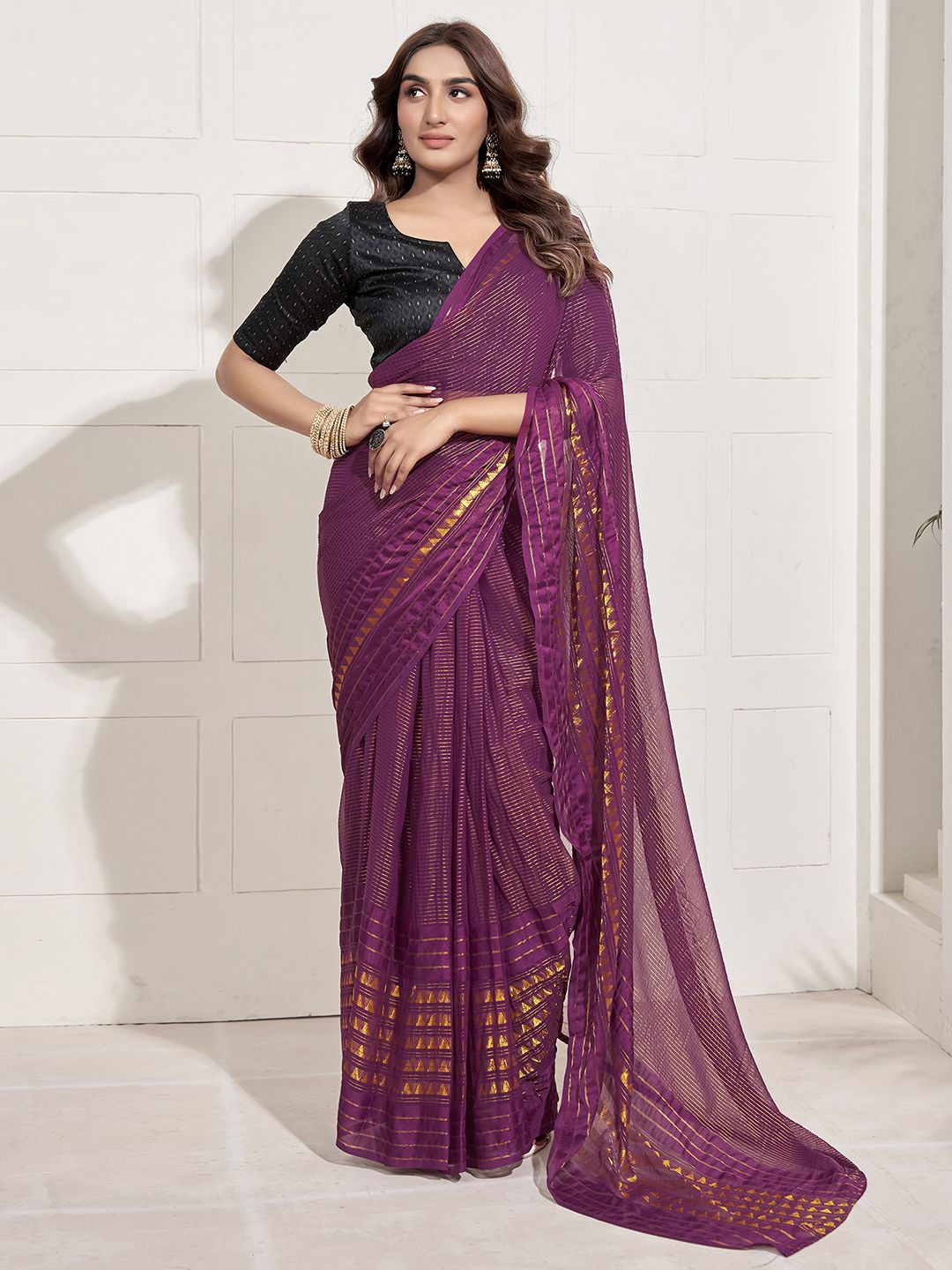 

Mitera Striped Zari Pure Georgette Maheshwari Ready To Wear Saree, Purple