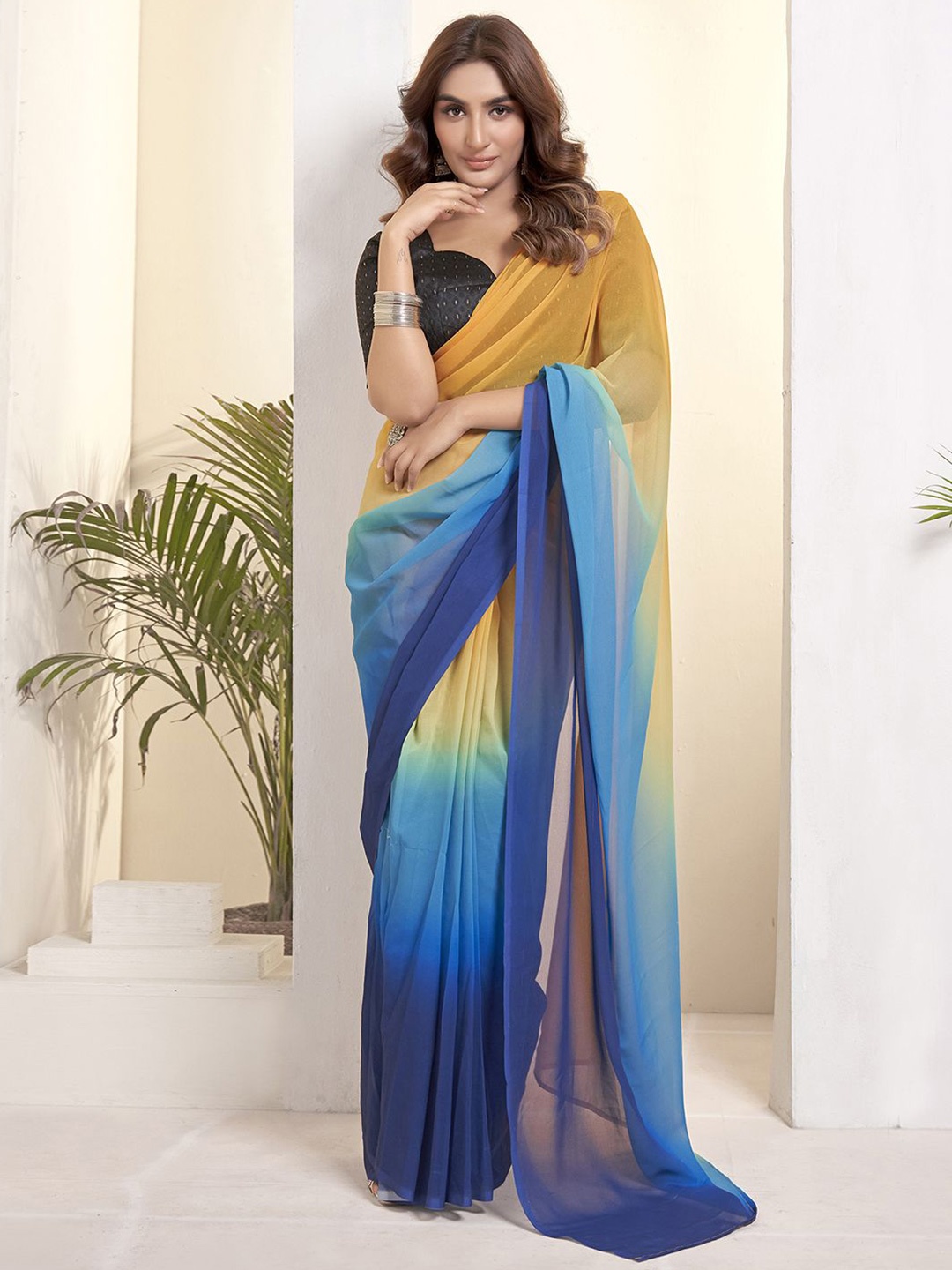 

Mitera Ombre Pure Georgette Ready to Wear Maheshwari Saree, Yellow