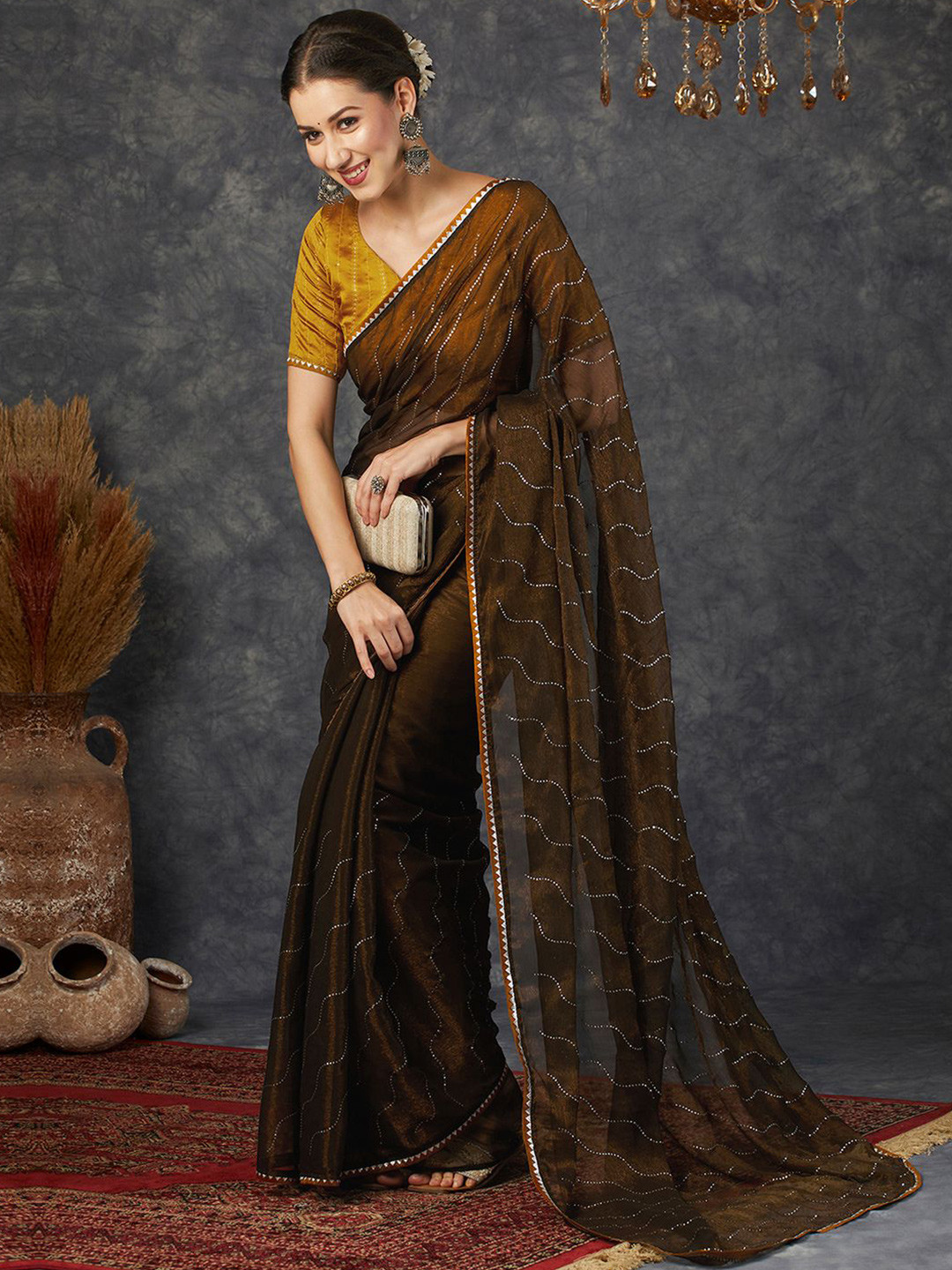 

Mitera Embellished Pure Chiffon Maheshwari Saree, Brown
