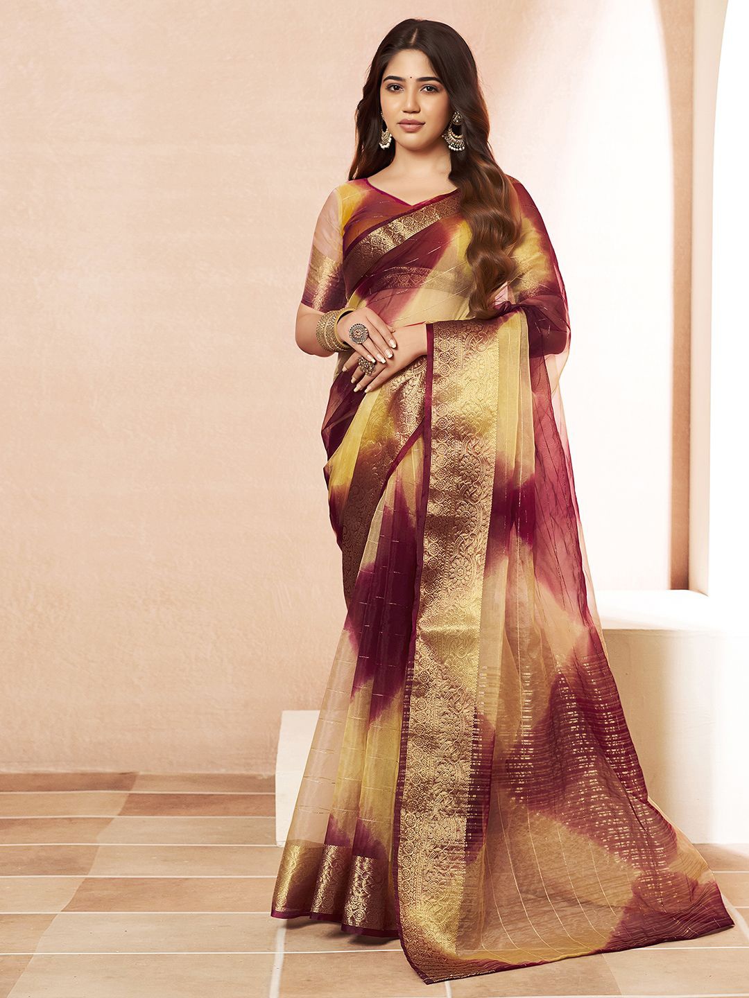 

Mitera Ethnic Motif Zari Woven Striped Saree, Yellow