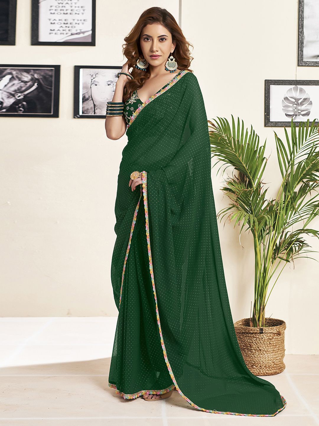 

Mitera Polka Dot Embroidered Pure Georgette Maheshwari Saree, Green
