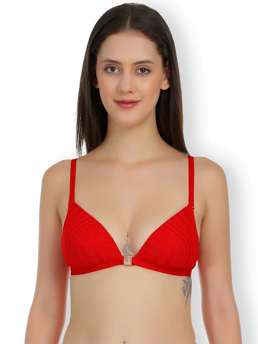 

SELFCARE Floral Half Coverage Lightly Padded Lace Plunge Bra- All Day Comfort, Red