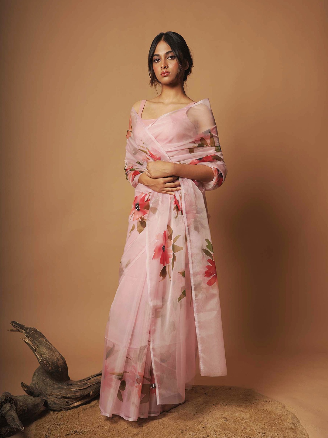 

HUTS AND LOOMS Floral Organza Saree, Pink