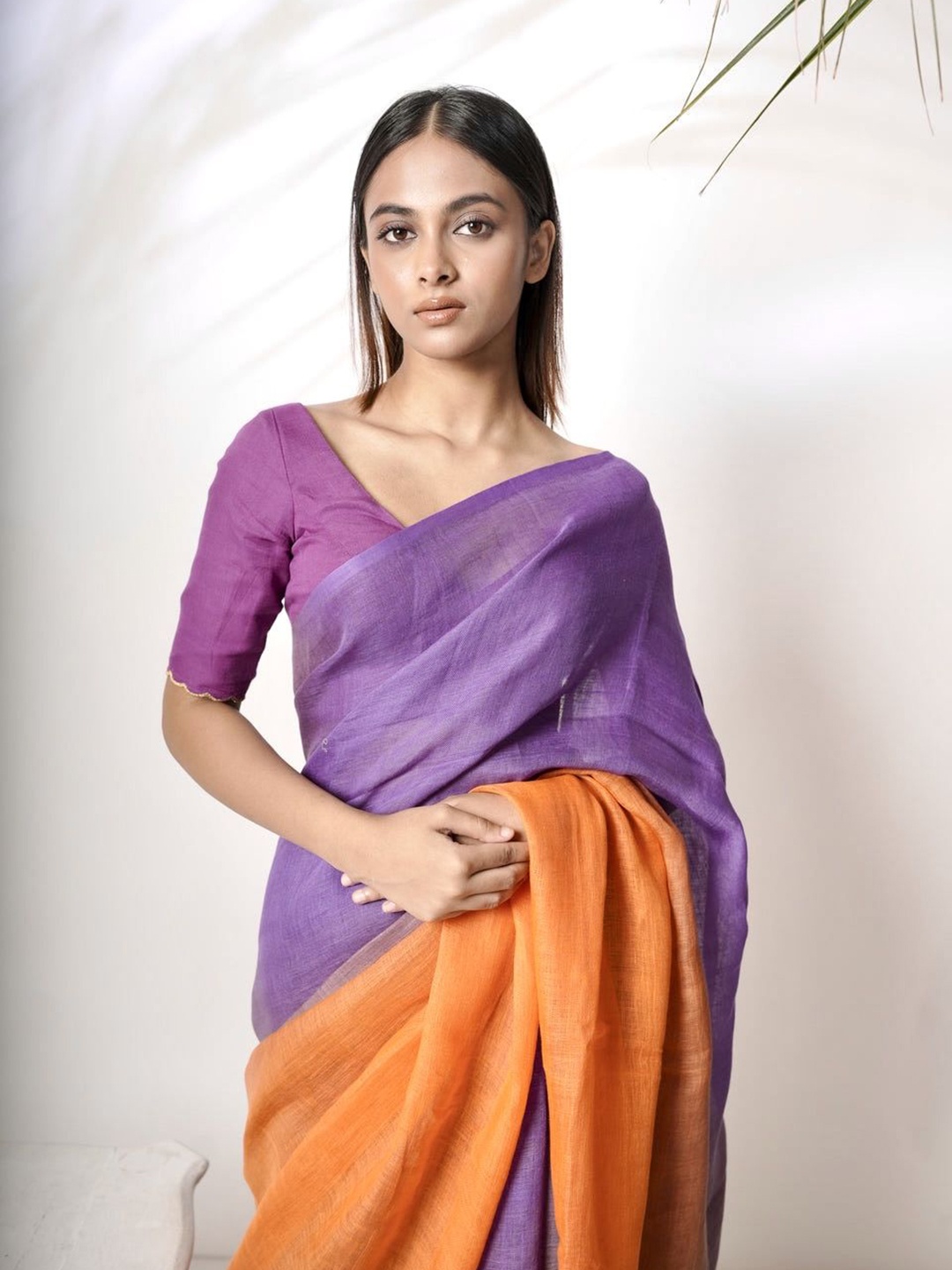 

HUTS AND LOOMS Ombre Pure Linen Saree, Orange