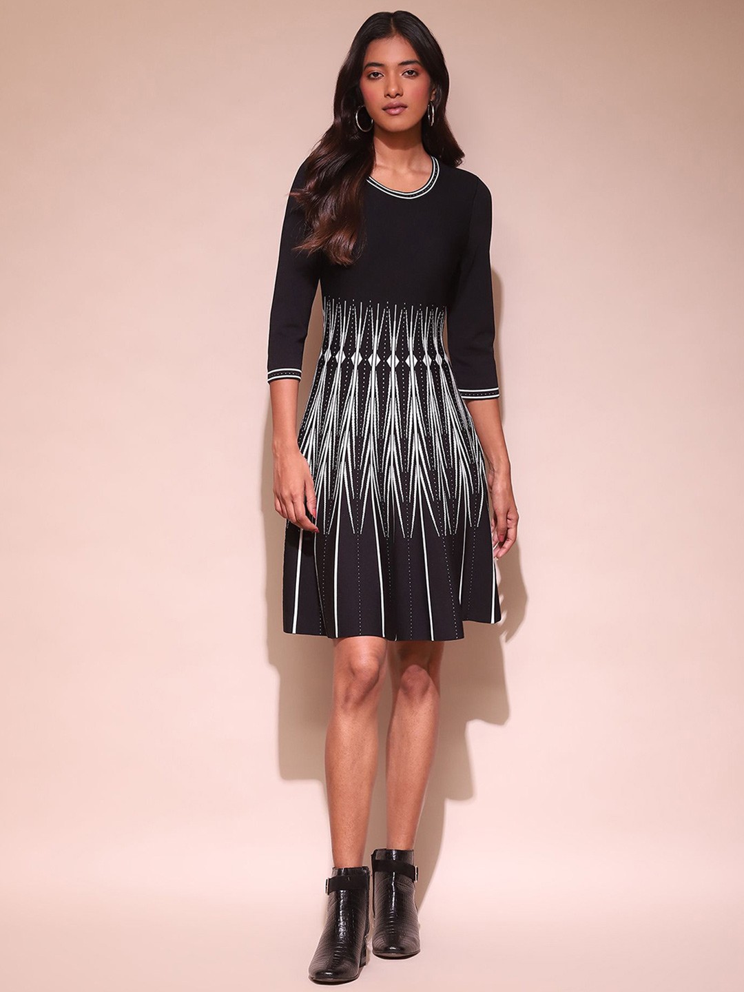 

Label Ritu Kumar Geometric Print Fit & Flare Dress, Black
