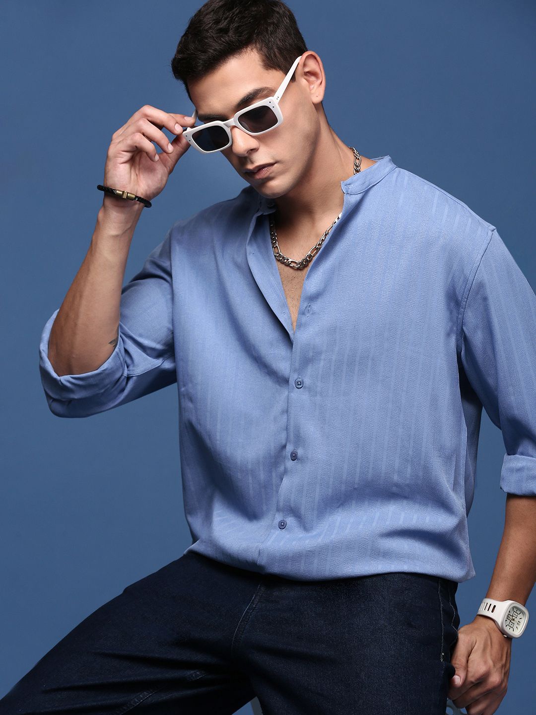 

SHOWOFF Men Standard Slim Fit Striped Opaque Casual Shirt, Blue