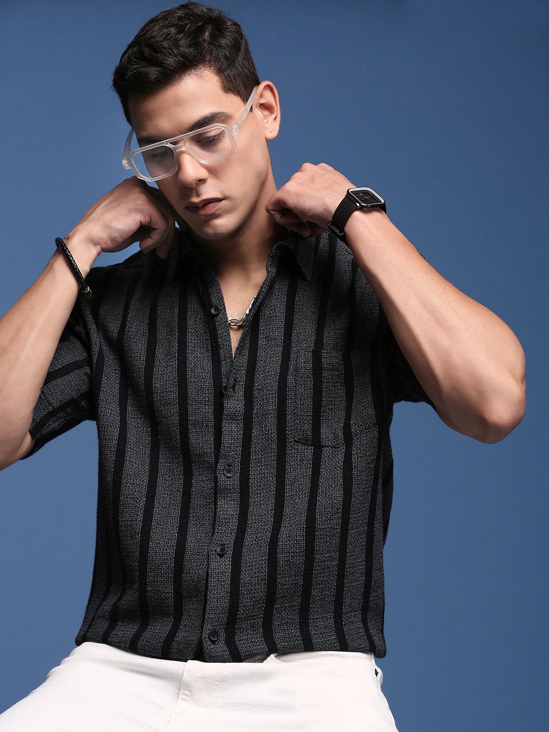 

SHOWOFF Men Striped Cotton Band Collar Standard Slim Fit Casual Shirt, Charcoal