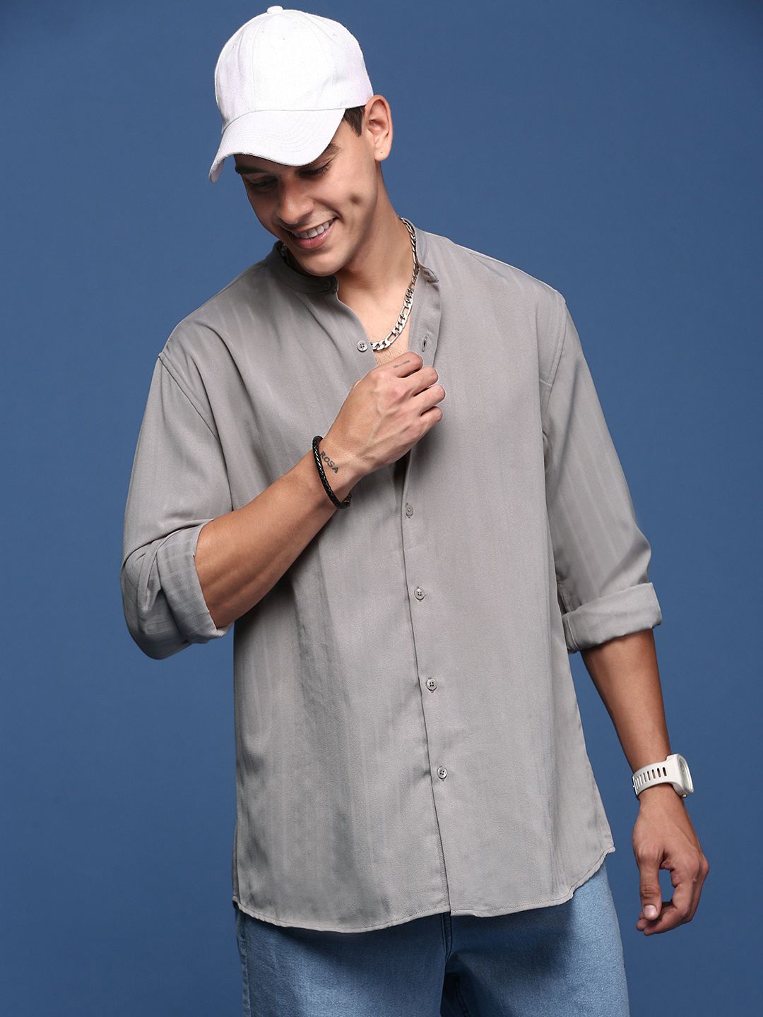 

SHOWOFF Men Striped Cotton Band Collar Standard Slim Fit Casual Shirt, Grey