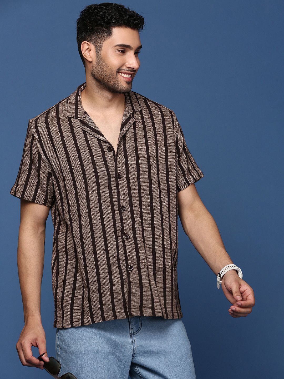 

SHOWOFF Men Striped Cotton Standard Relaxed Fit Casual Shirt, Brown