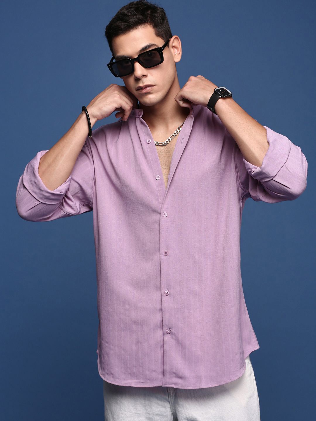 

SHOWOFF Men Striped Cotton Standard Slim Fit Casual Shirt, Lavender