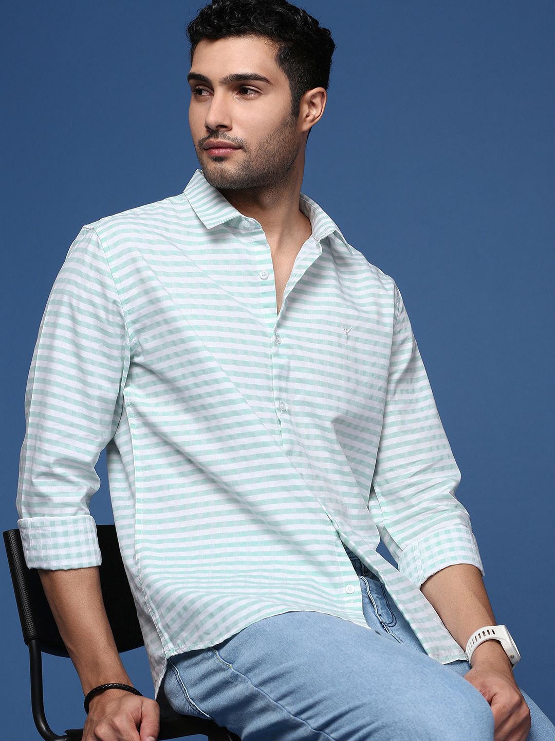 

SHOWOFF Men Horizontal Striped Cotton Standard Slim Fit Casual Shirt, Sea green