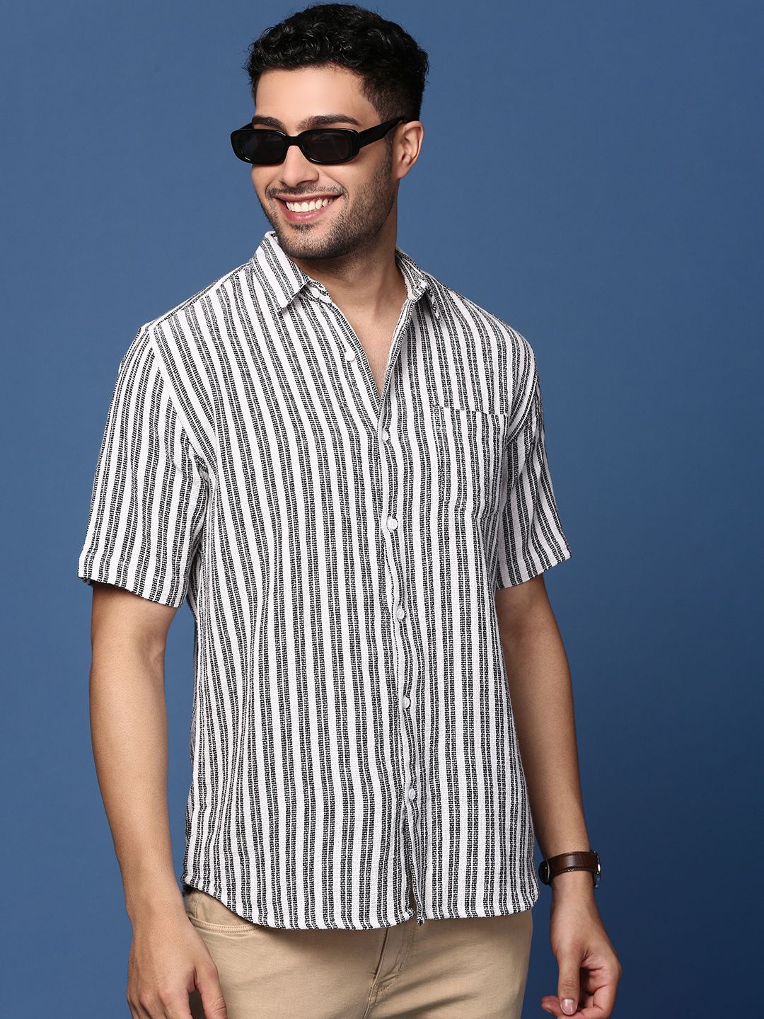

SHOWOFF Men Striped Cotton Standard Slim Fit Casual Shirt, White