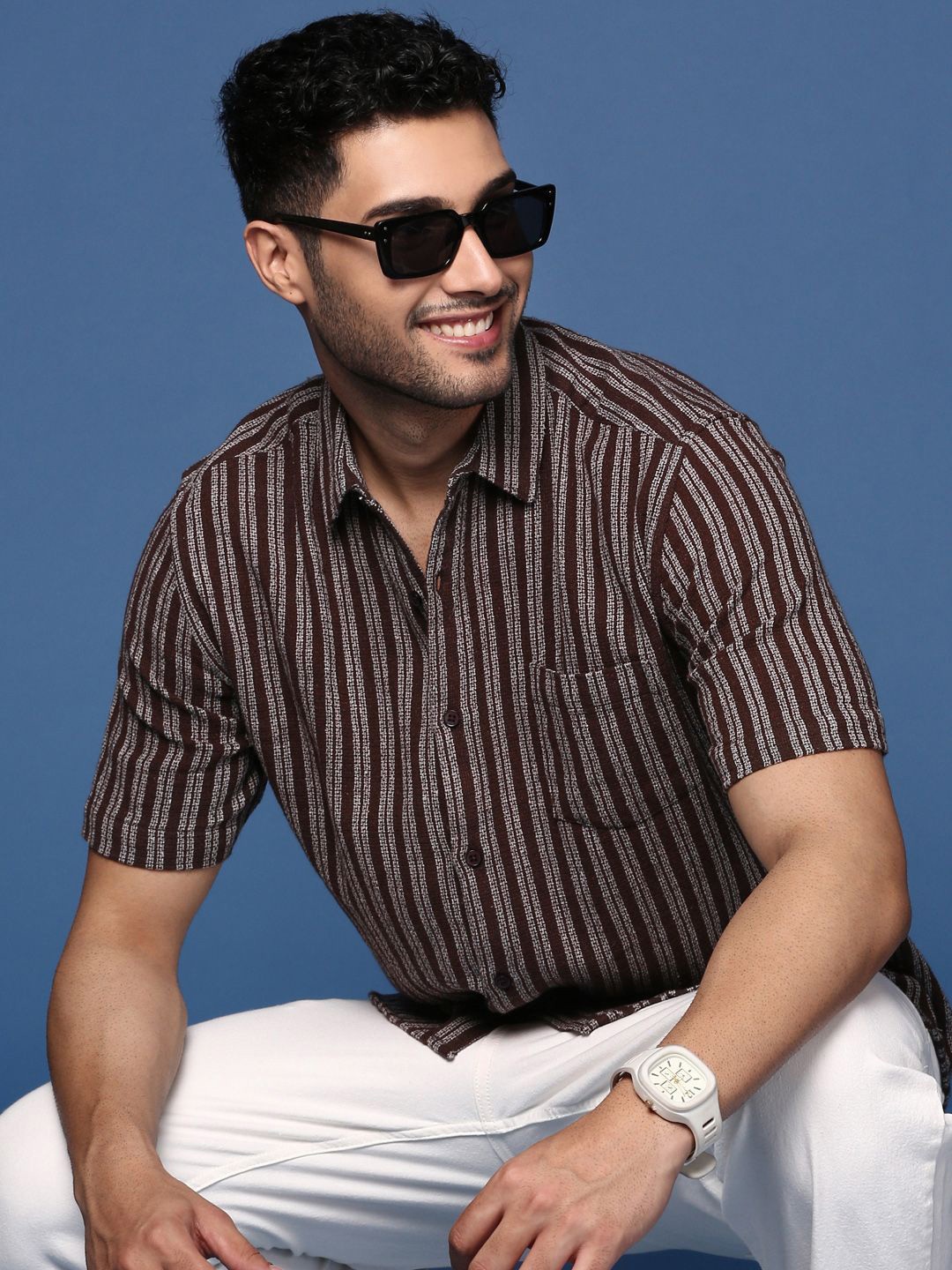 

SHOWOFF Men Standard Slim Fit Opaque Striped Casual Shirt, Brown