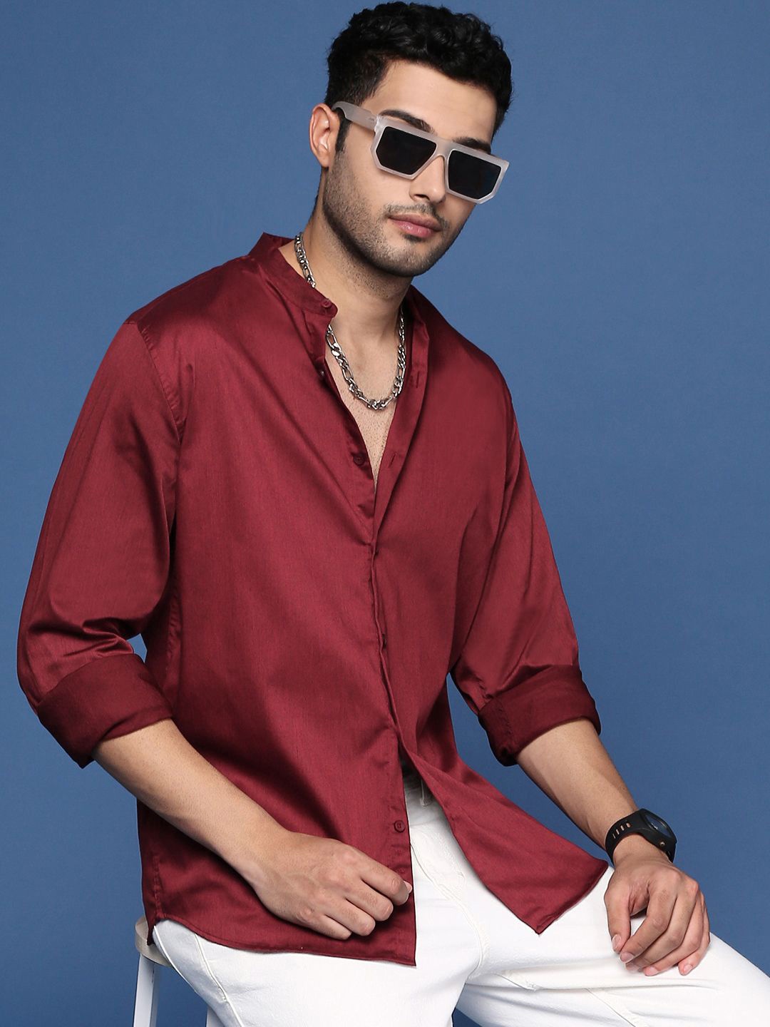 

SHOWOFF Men Solid Band Collar Cotton Standard Slim Fit Casual Shirt, Maroon